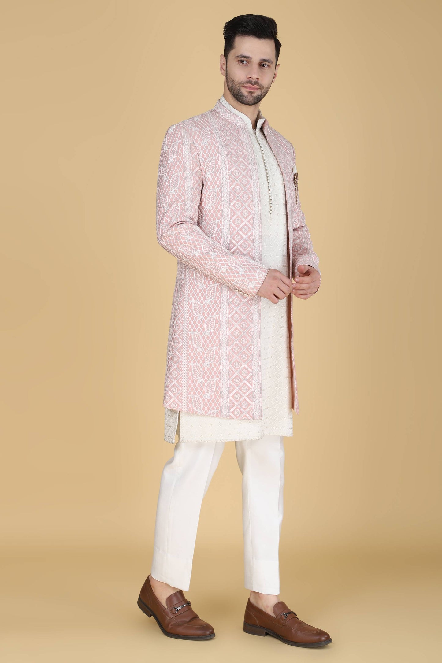 Pink Thread Embroidered Indowestern With Kurta