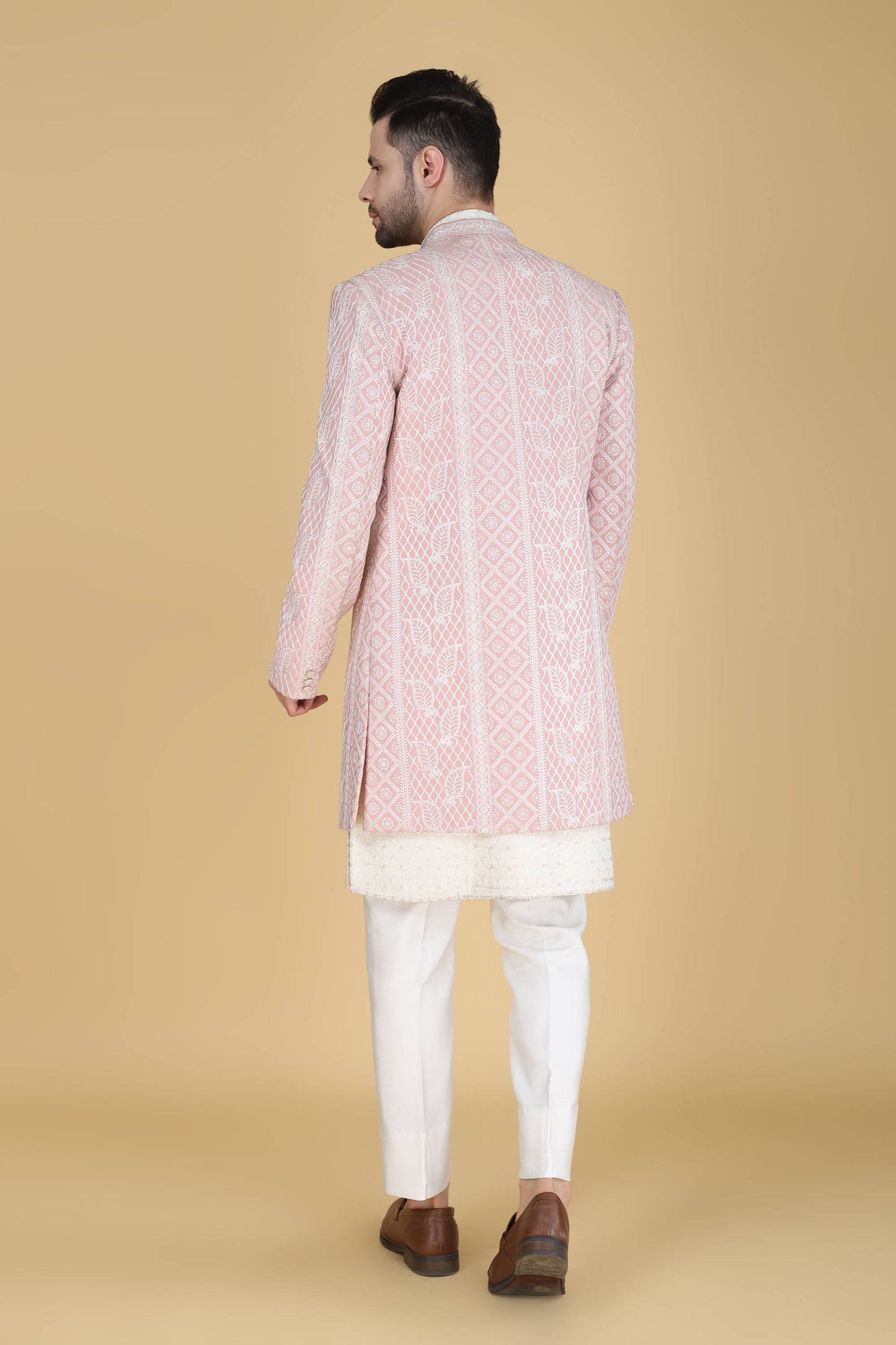 Pink Thread Embroidered Indowestern With Kurta