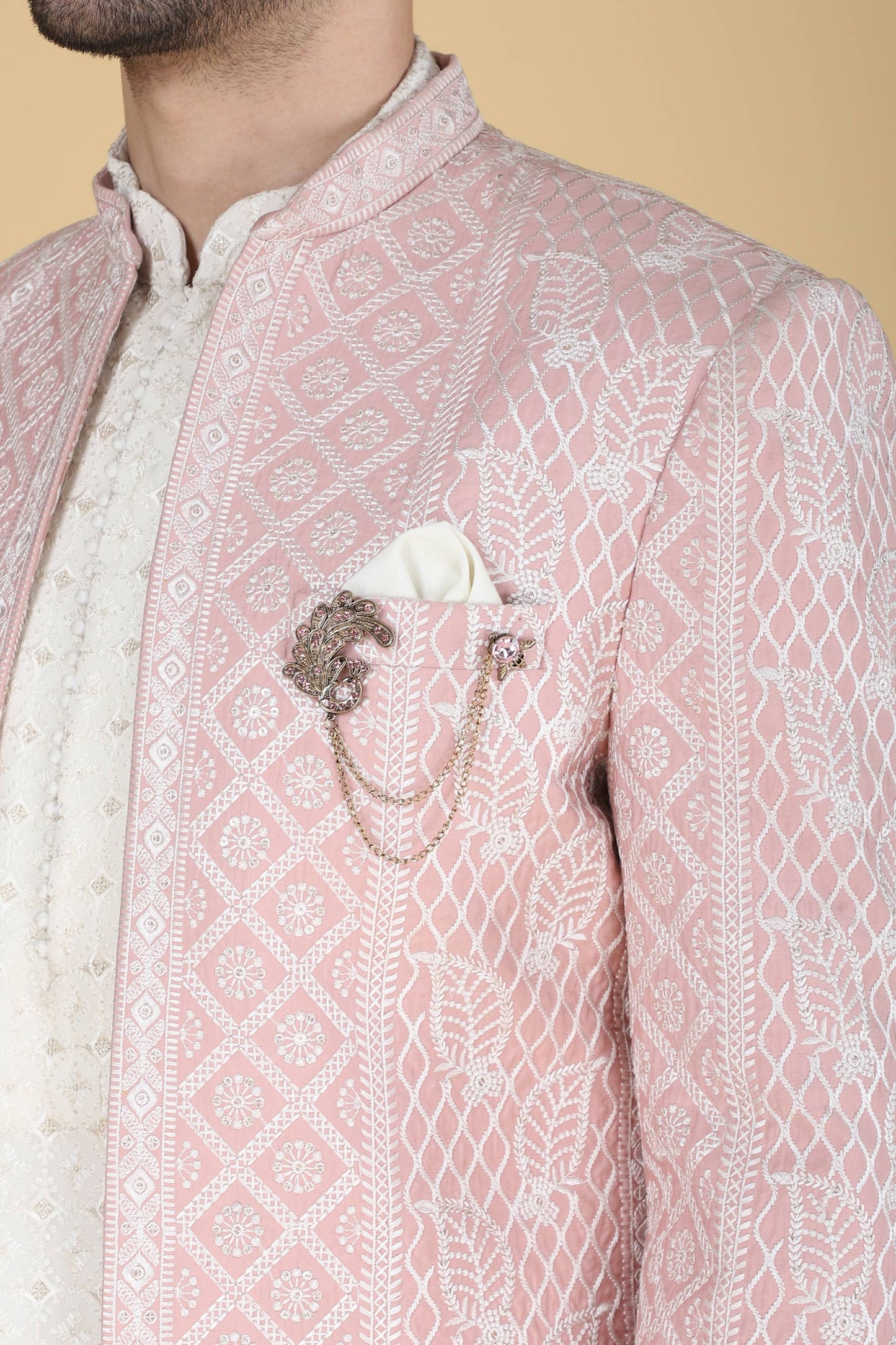 Pink Thread Embroidered Indowestern With Kurta