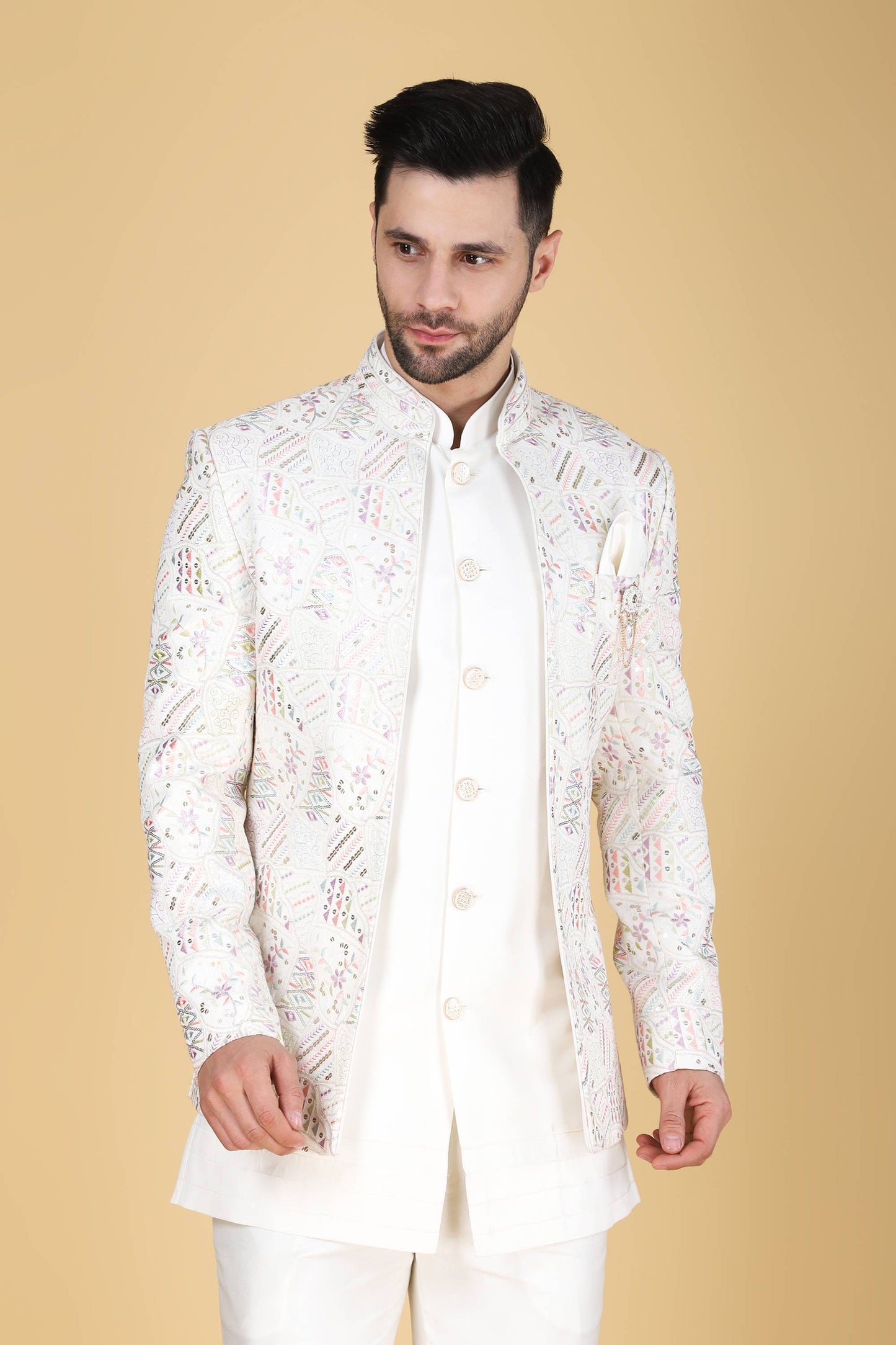 White Multicolor Thread And Sequins Embroidered Short Indowestern