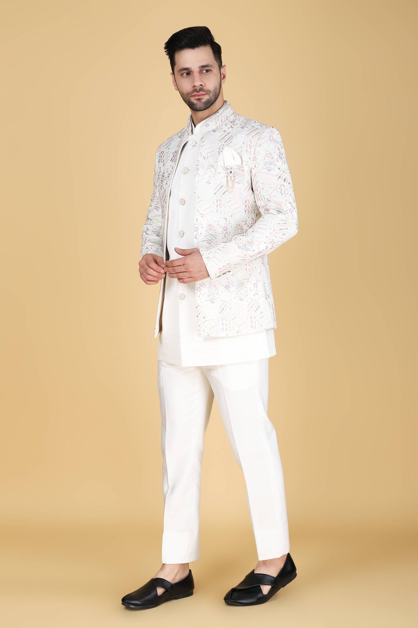 White Multicolor Thread And Sequins Embroidered Short Indowestern