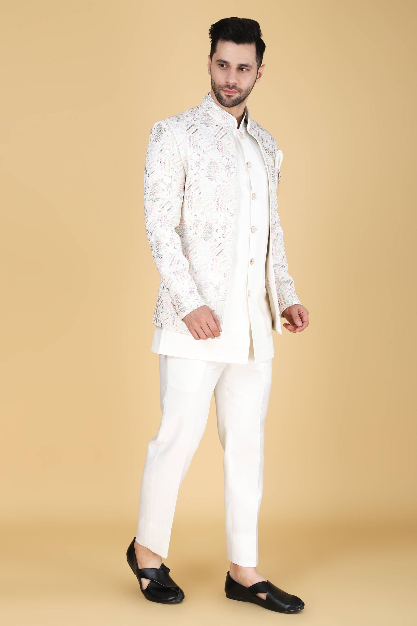 White Multicolor Thread And Sequins Embroidered Short Indowestern