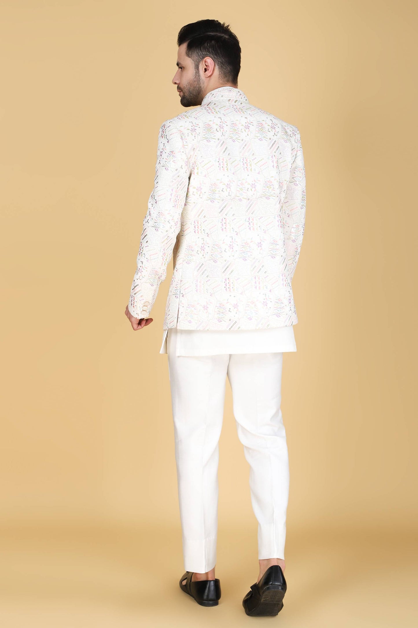 White Multicolor Thread And Sequins Embroidered Short Indowestern