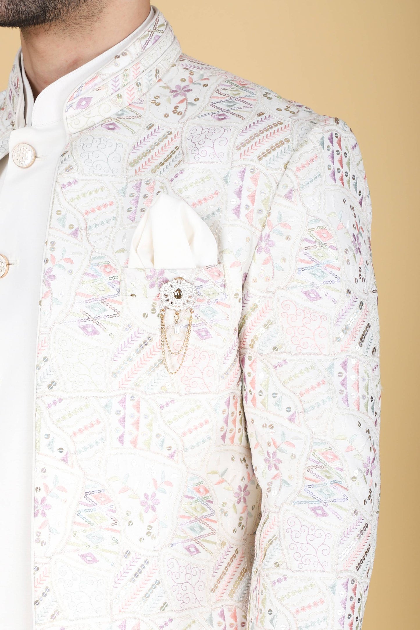 White Multicolor Thread And Sequins Embroidered Short Indowestern
