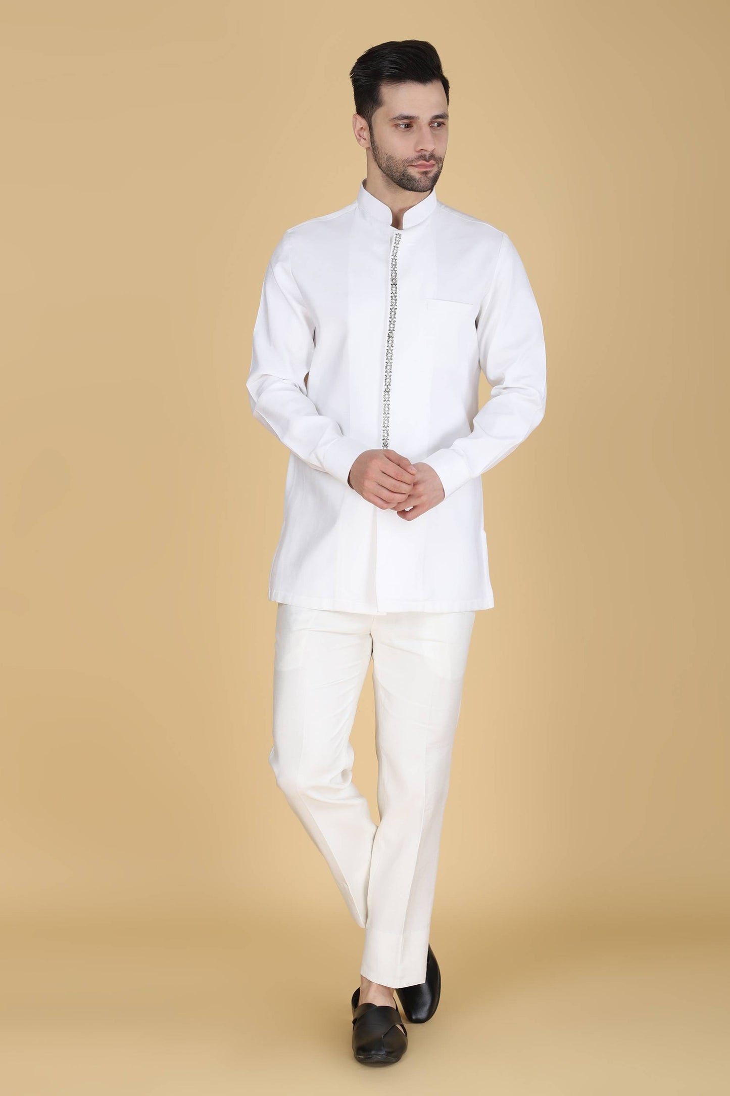 White Zari And Thread Embroidered Short Indowestern