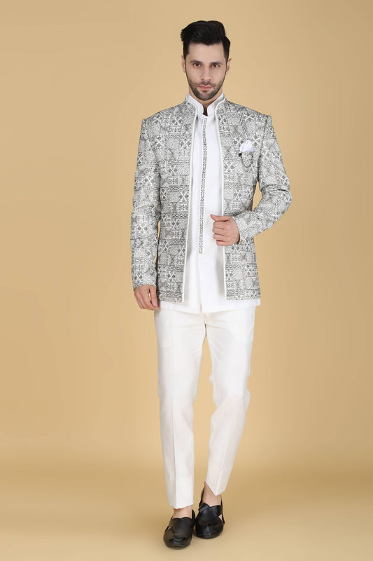 White Zari And Thread Embroidered Short Indowestern