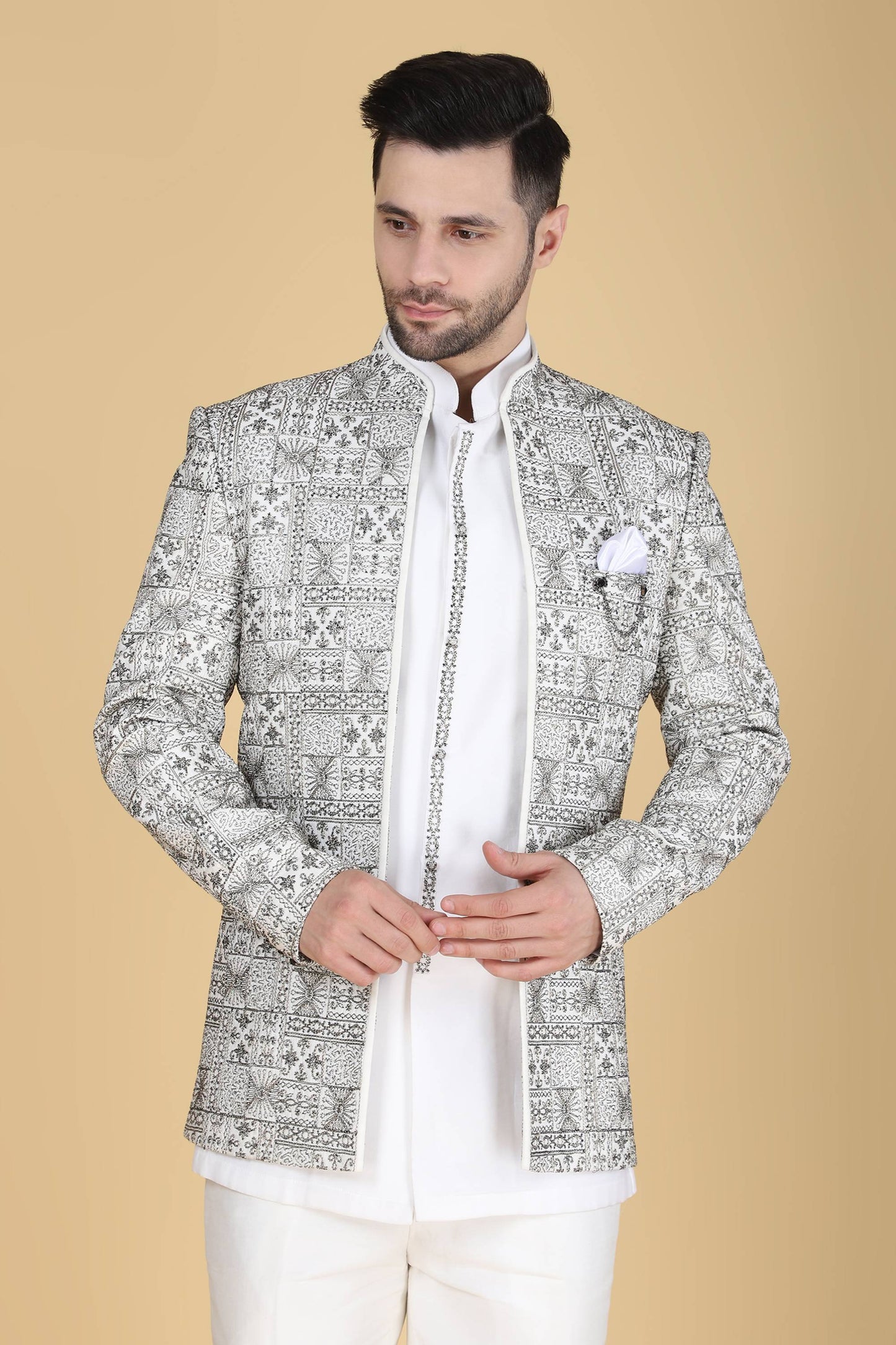 White Zari And Thread Embroidered Short Indowestern