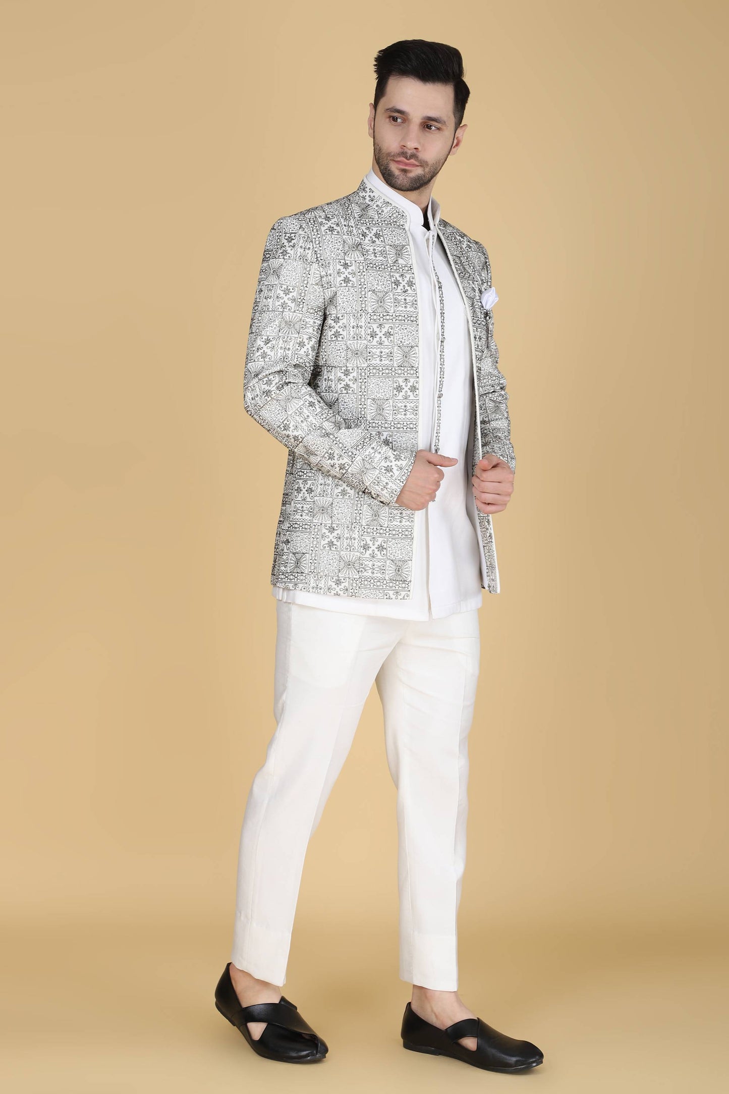 White Zari And Thread Embroidered Short Indowestern