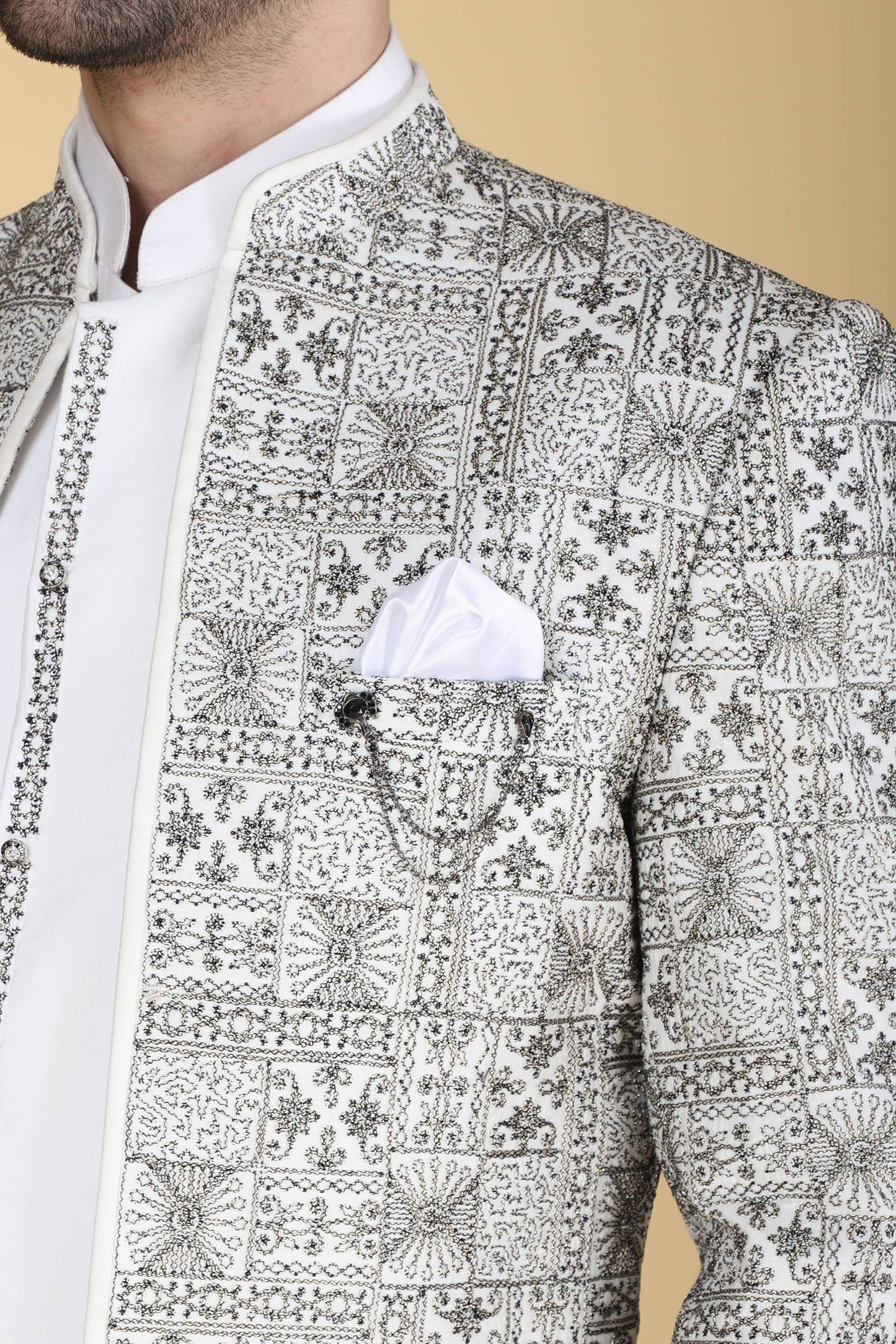 White Zari And Thread Embroidered Short Indowestern