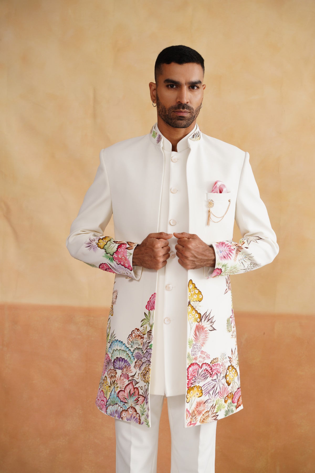 designer indo western dress Shop Ivory Hand Painted for Men | Indo Western Wear Please provide accurate measurements Wood:Flat Sawn Rustic White Oak Pattern Black Underboob Corset S Blue & White