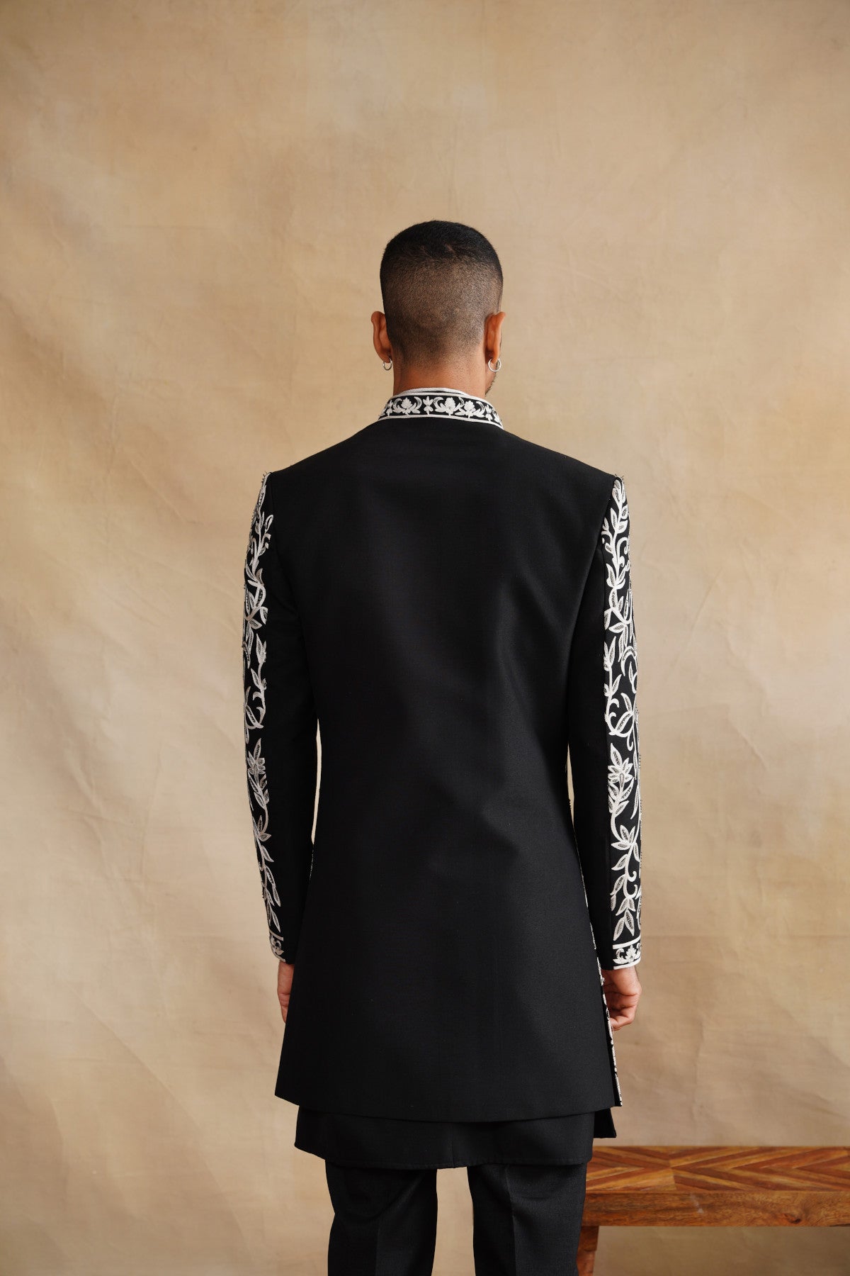 Black Indo Western with Cutdana and Thread Embroidery on Silk for Men
