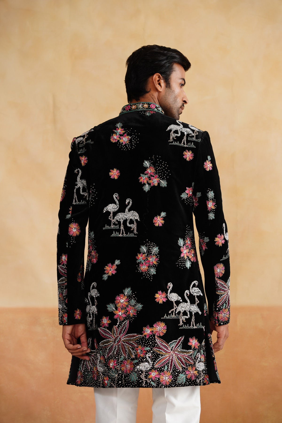 Black Multicolor Pearl and Thread Work Indowestern on Velvet