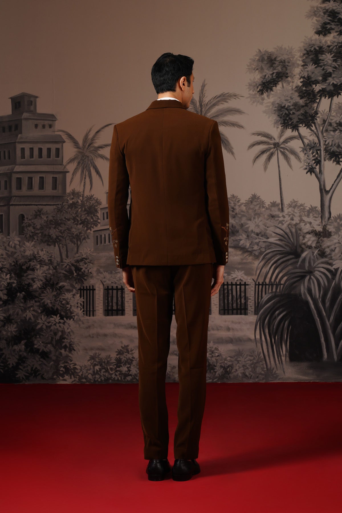 Brown Tuxedo With Golden Hand Embroidery