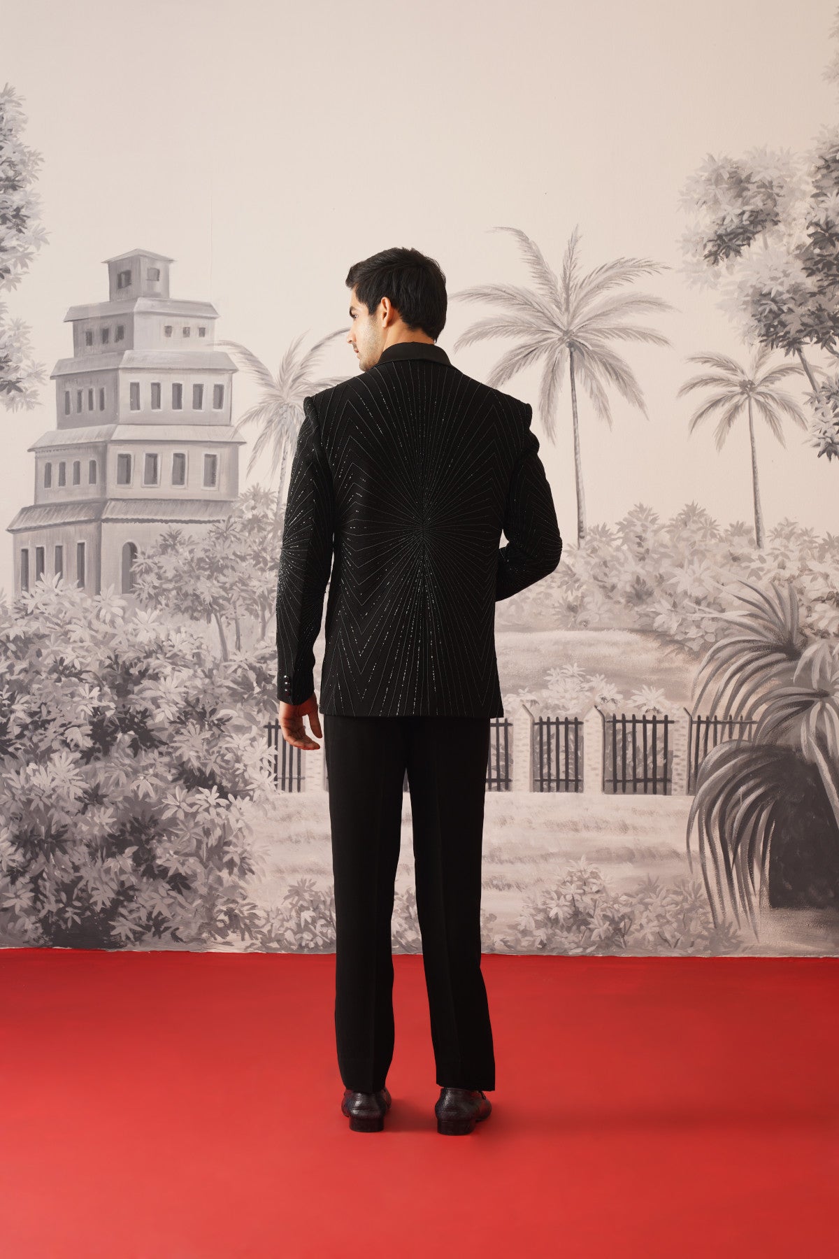 Black Tuxedo Suit With Radiating Crystal Sunburst Embroidery