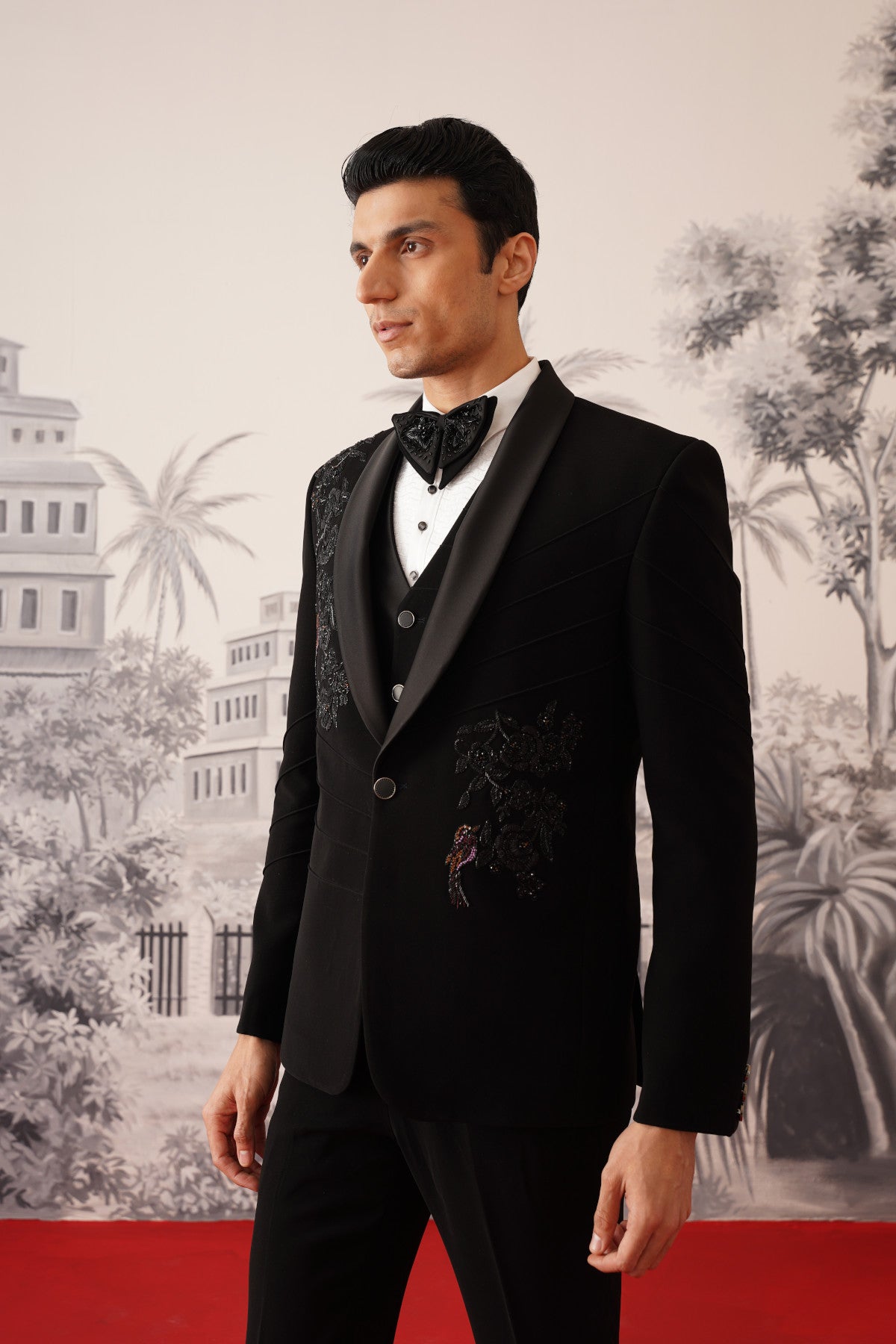 Black Tuxedo Suit With Pleated Sleeves & Hand Embroidery