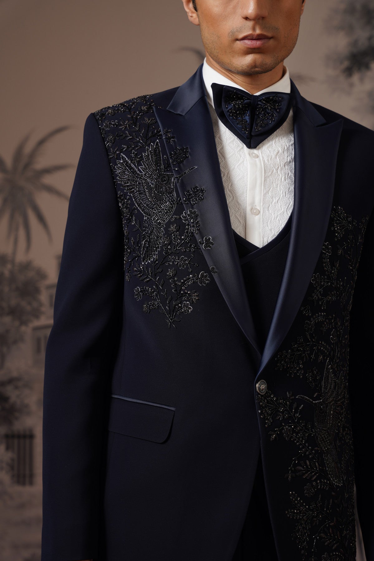 Midnight Blue Tuxedo Suit With Tone-On-Tone Beaded Embroidery
