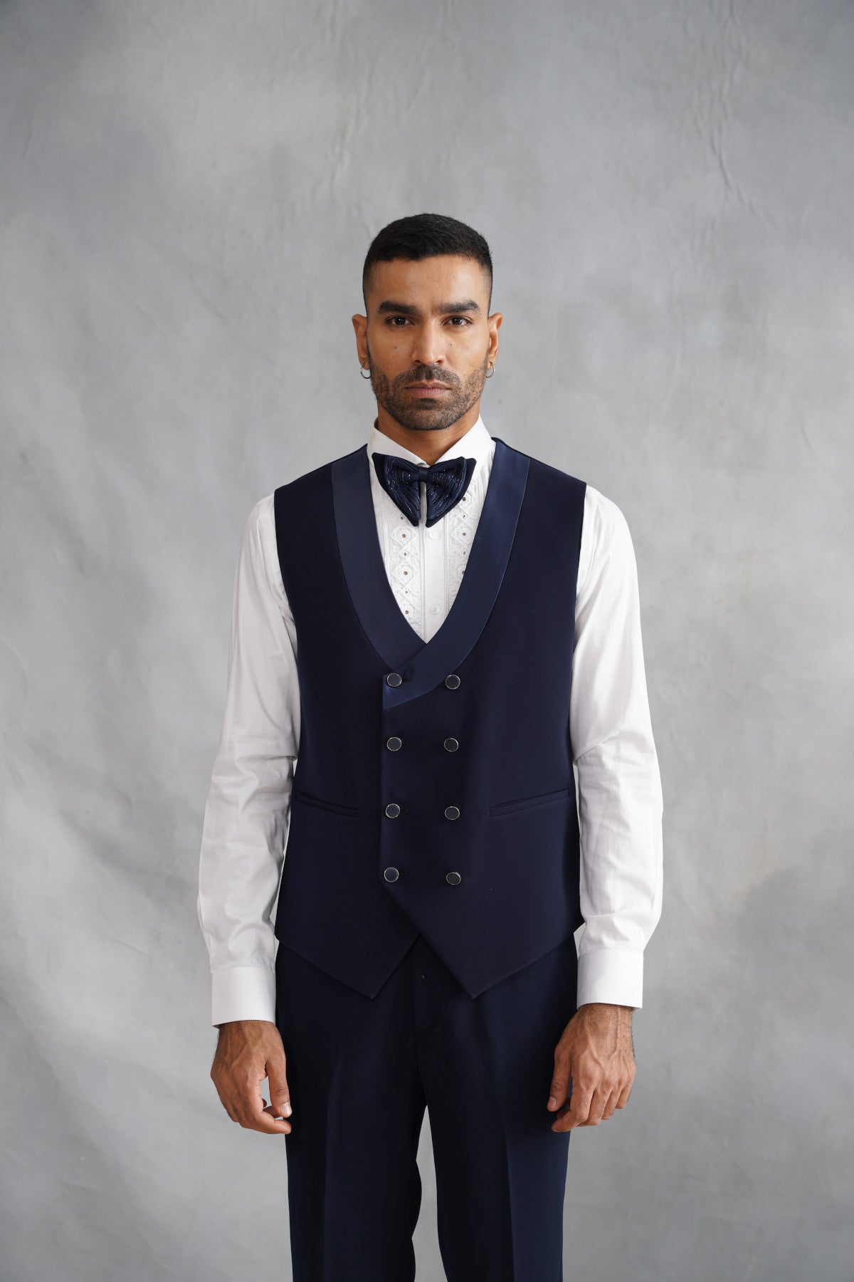 Navy Blue Tuxedo with Cascading Linear Beadwork