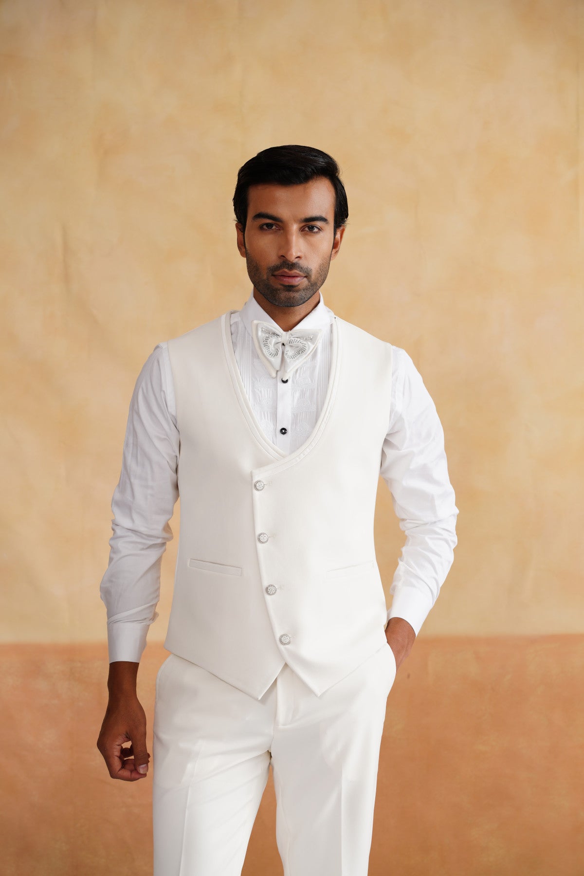 Ivory Tuxedo with Silver Swirling Filigree Embroidery