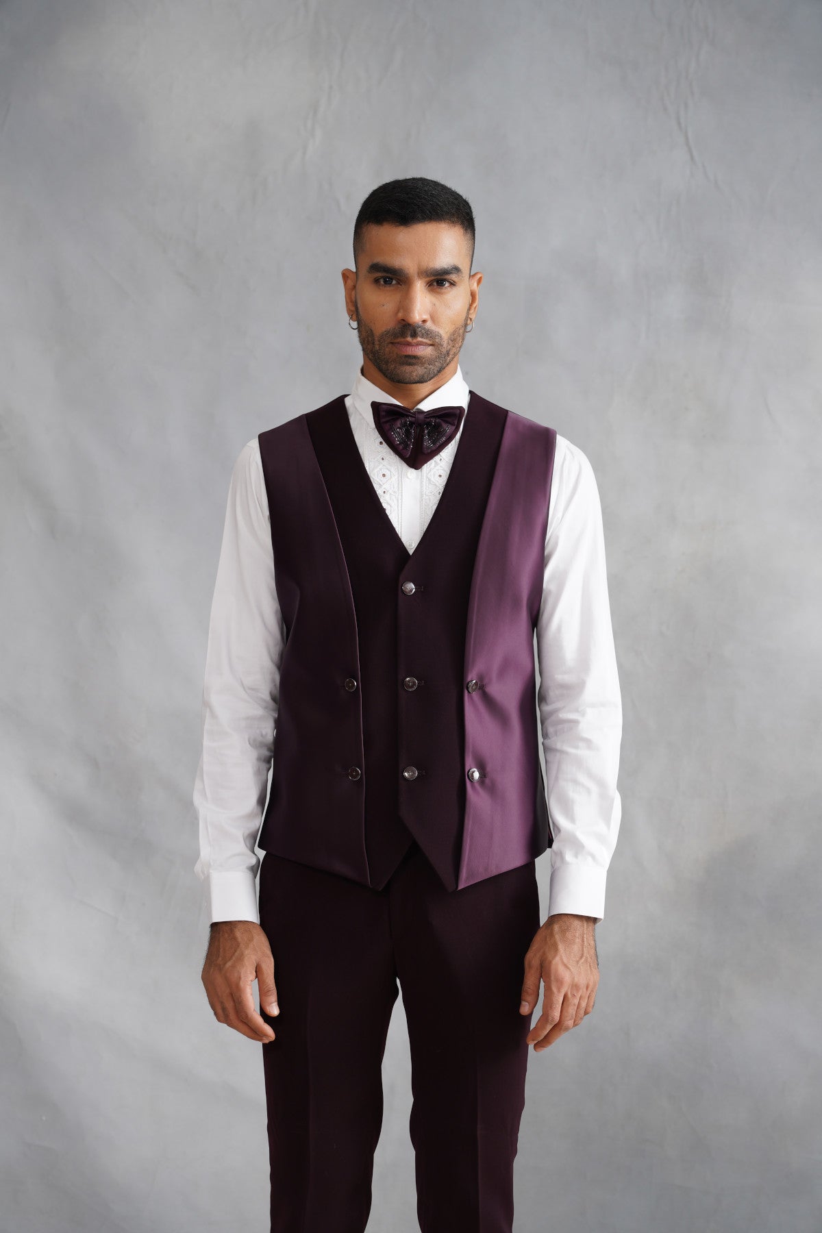 Wine Tuxedo with Sweeping Abstract Beadwork