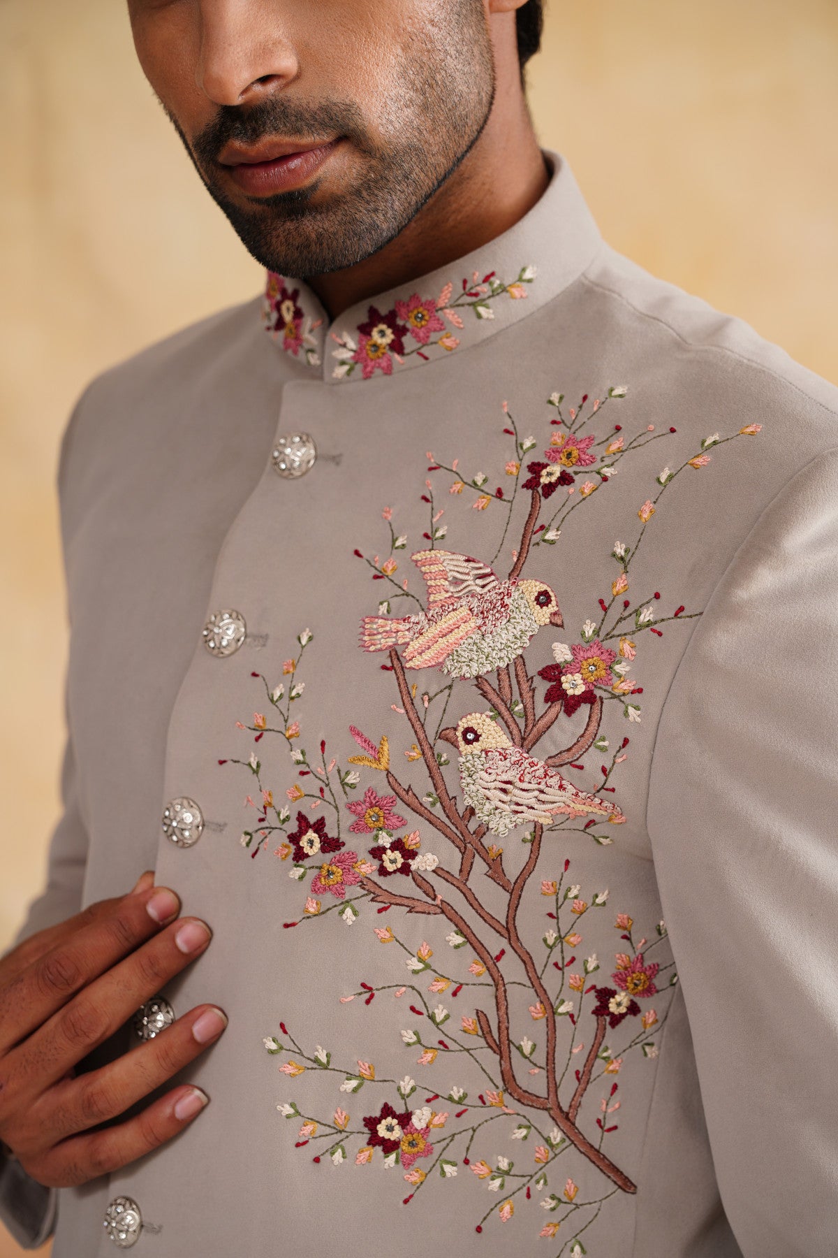 Light Grey Thread Embroidery Bandhgala on Suede