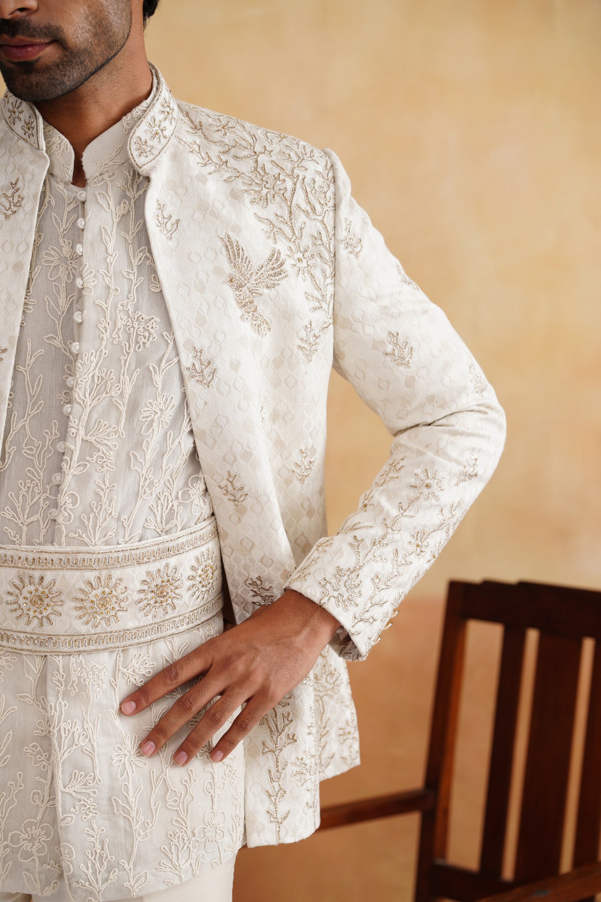 Ivory Pitta Hand Work Indo Western for Men on Silk Fabric | Designer Indo Western Outfit
