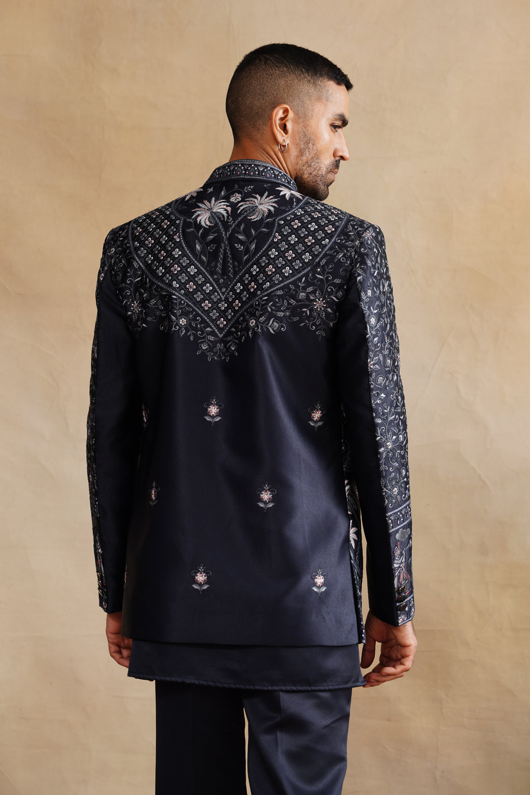 Blue Thread Embroidered Indowestern On Silk