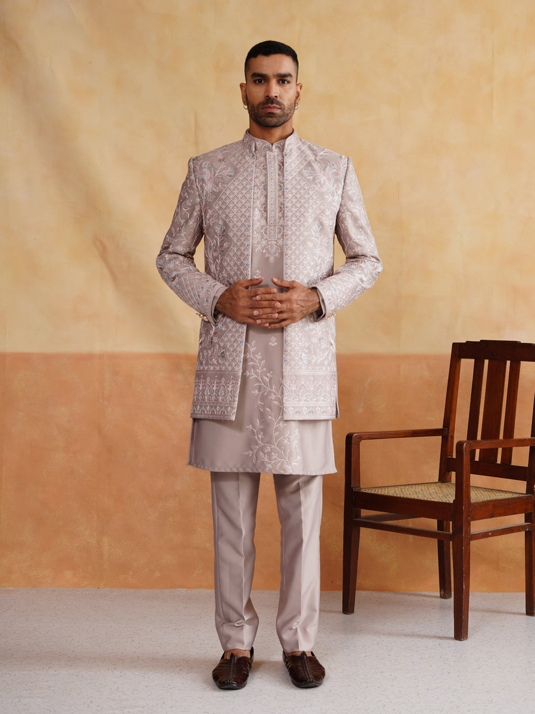 Powder Pink Thread Embroidered Indowestern On Silk