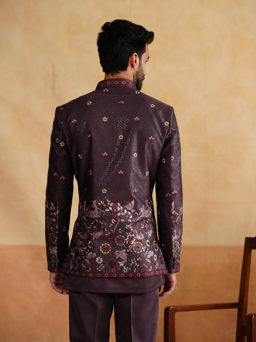 Brown Thread and Sequins Work Indowestern on Silk