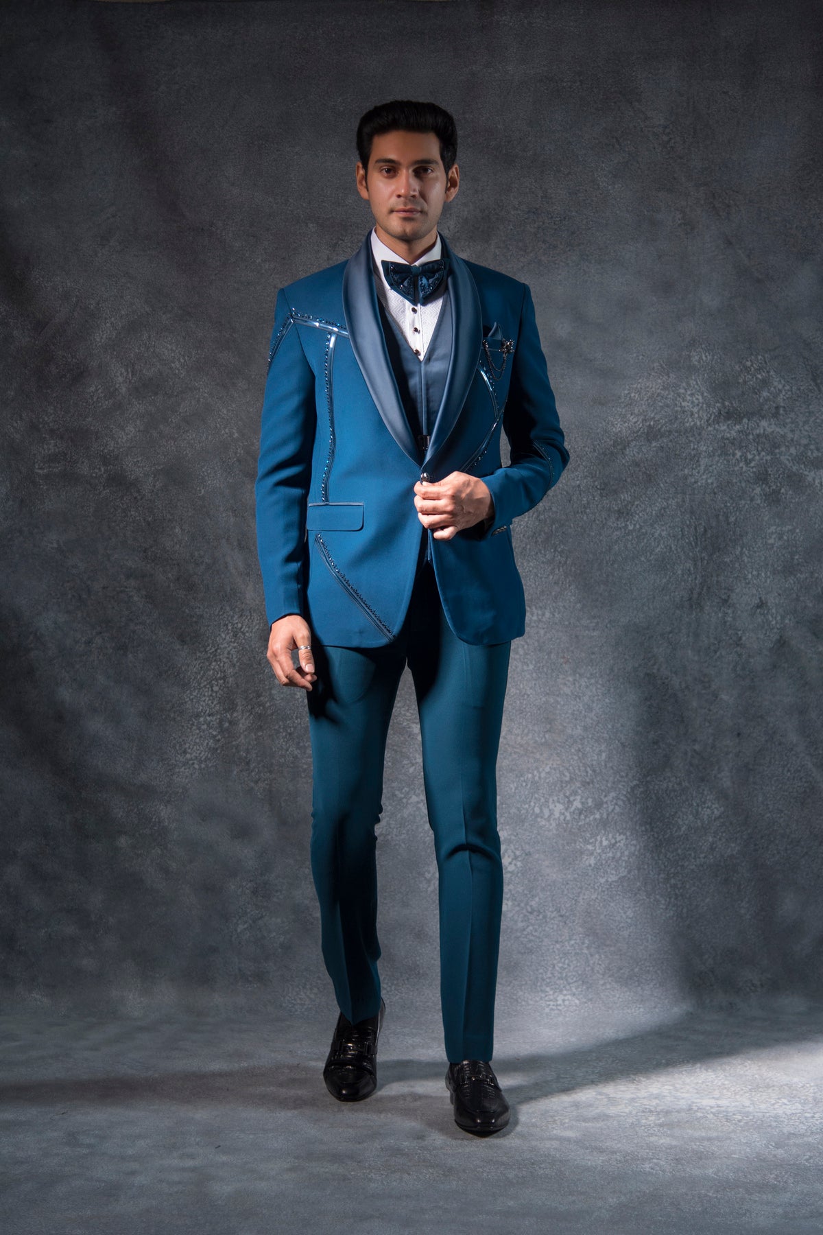 Buy Teal Blue Cutdana Embroidered Italian Tuxedo Suit for Men