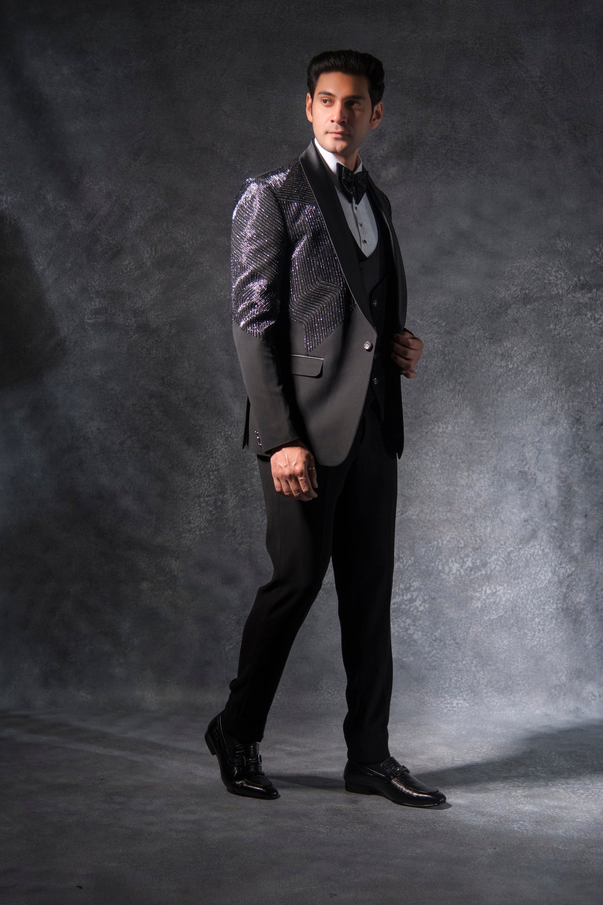Black Cutdana Embroidered Tuxedo Suit on Italian