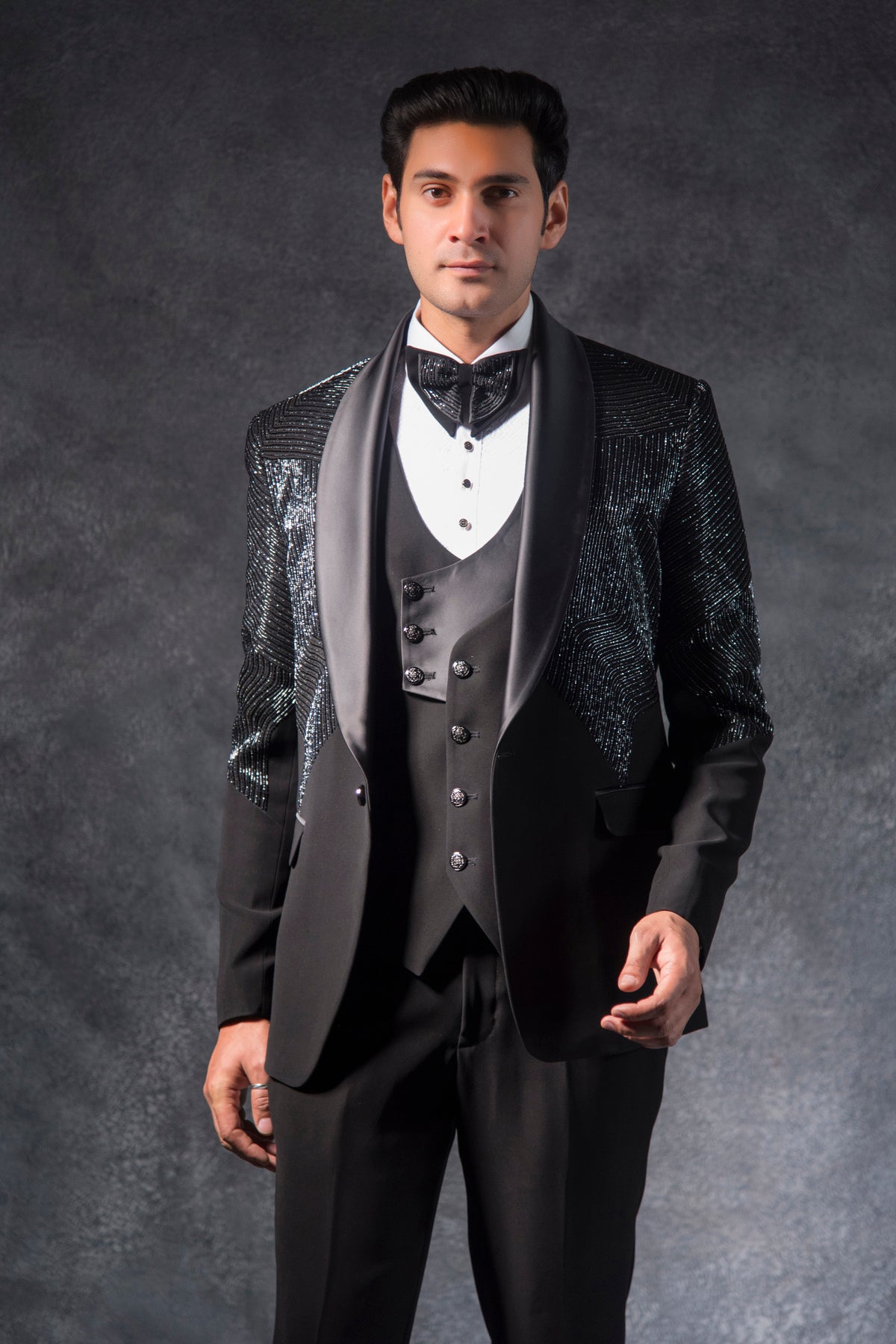 Black Cutdana Embroidered Tuxedo Suit on Italian