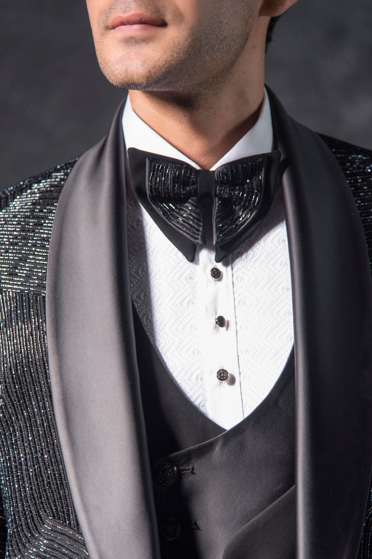 Black Cutdana Embroidered Tuxedo Suit on Italian