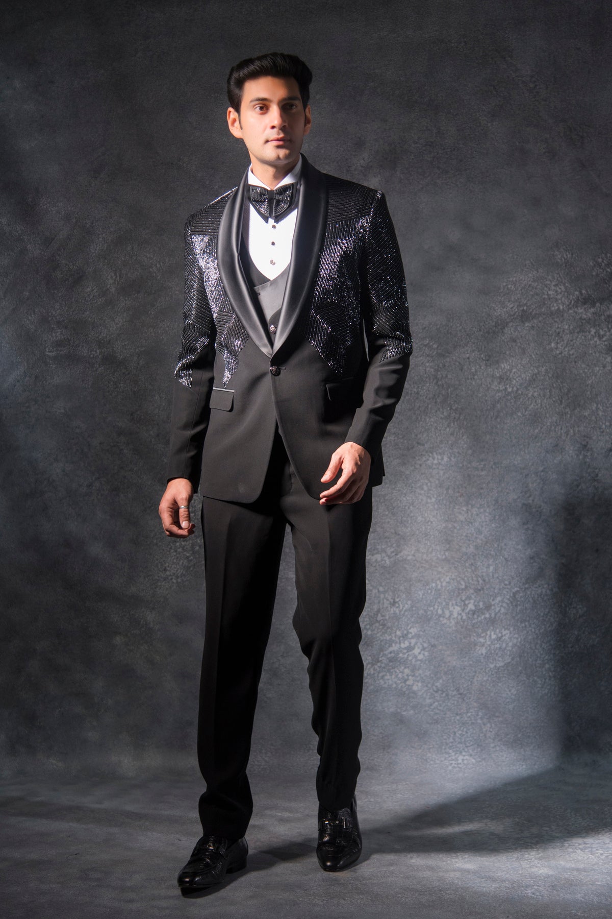 Black Cutdana Embroidered Tuxedo Suit on Italian