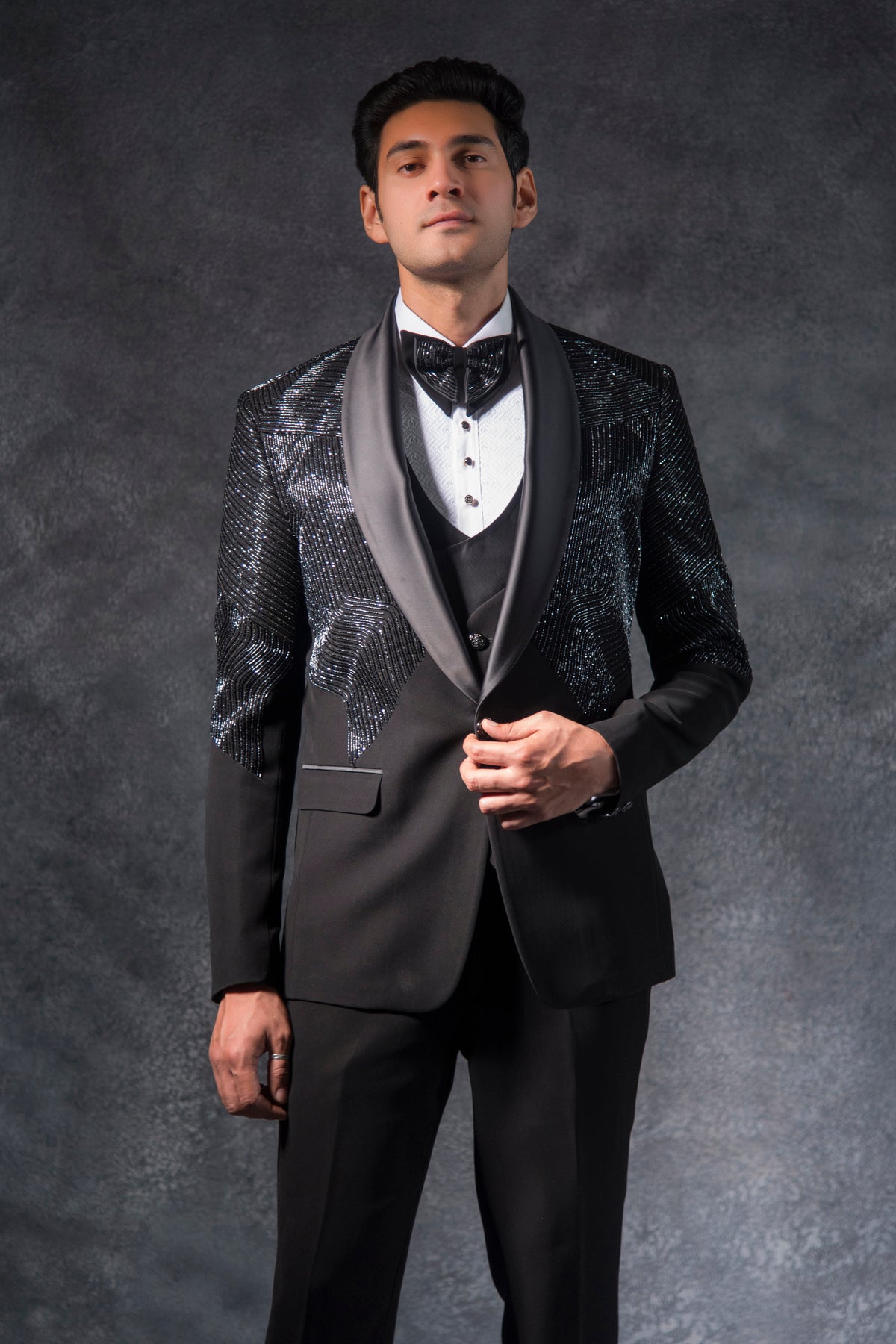 Black Cutdana Embroidered Tuxedo Suit on Italian