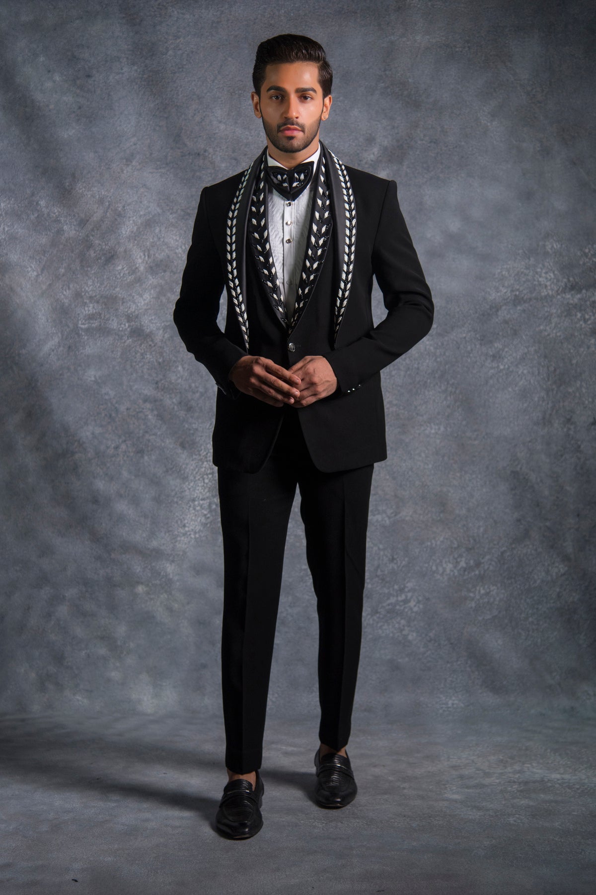 Shop Black Zardosi Embroidered Tuxedo Groom Suits Online Tuxedo Suit for Wedding Lagan Wedding