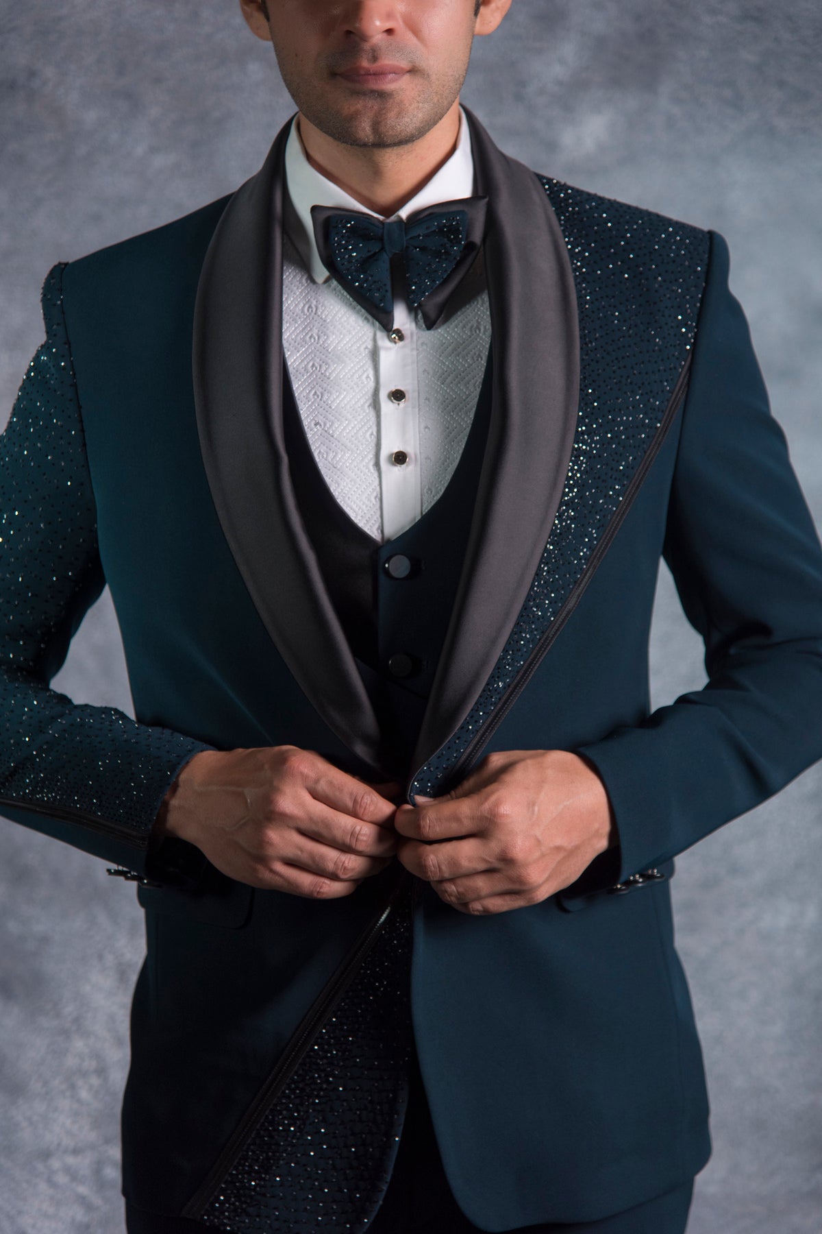 Swarovski embellished teal green tuxedo shop