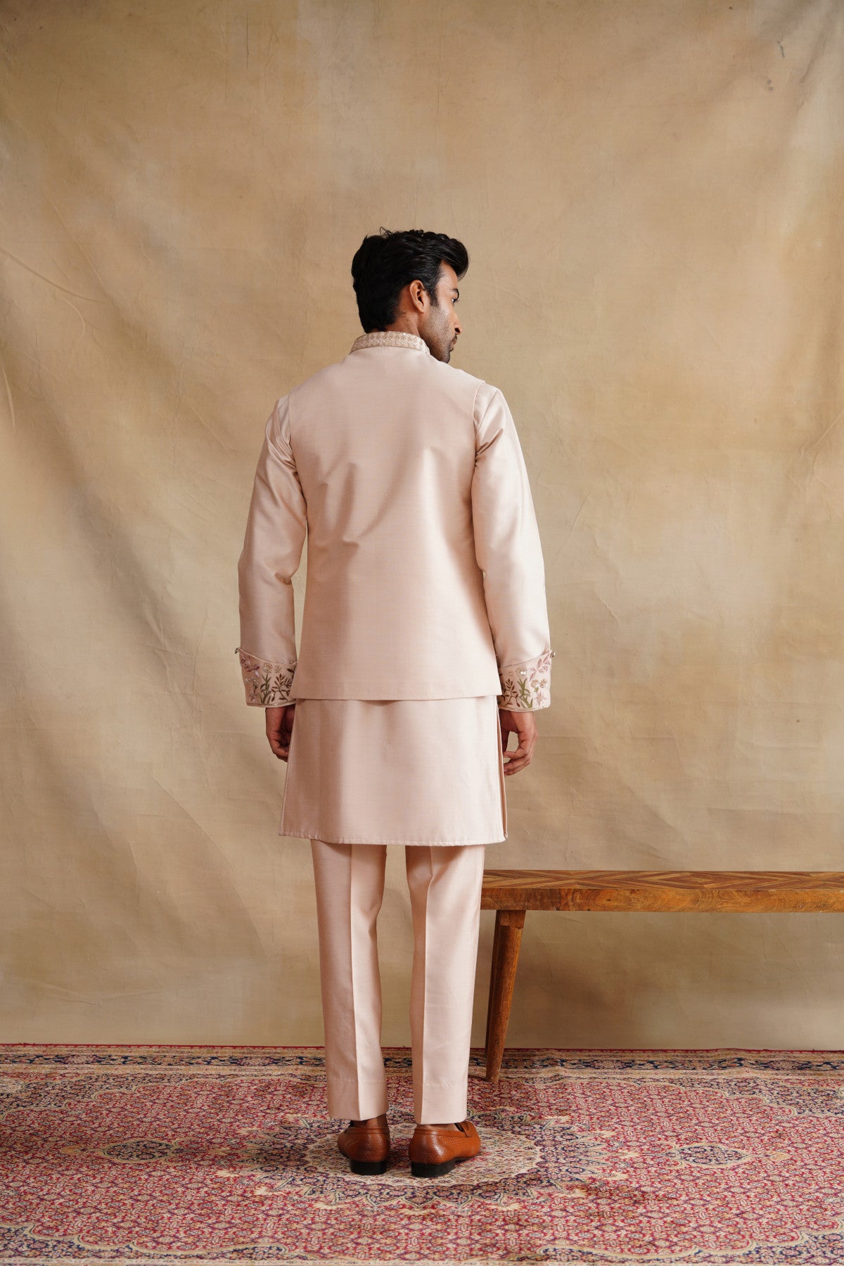 Pastel Pink Waistcoat Kurta Set with Botanical & Deer Embroidery