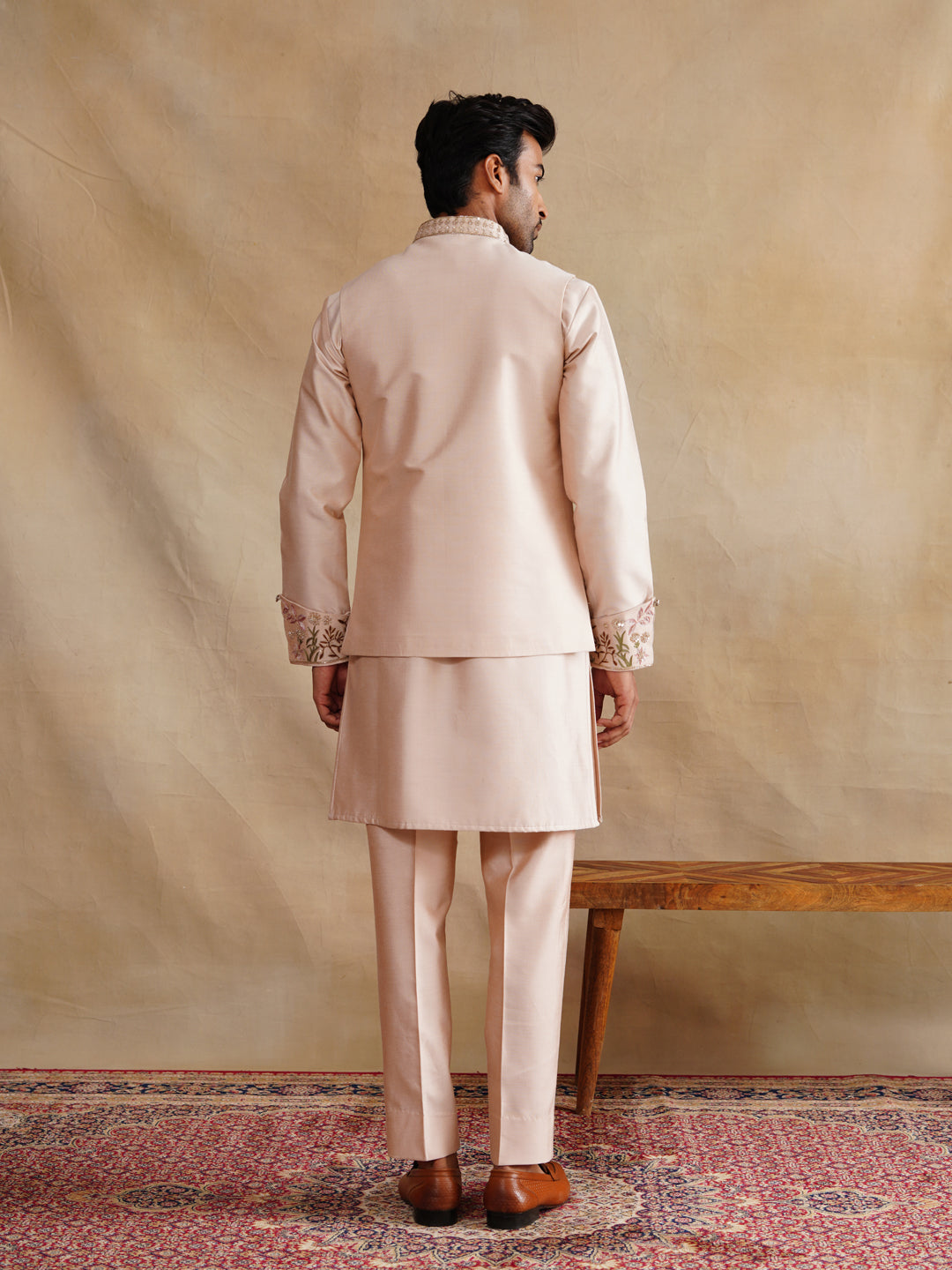 Light Pink Zardozi and Thread Embroidered Waist Coat Kurta Set on Silk