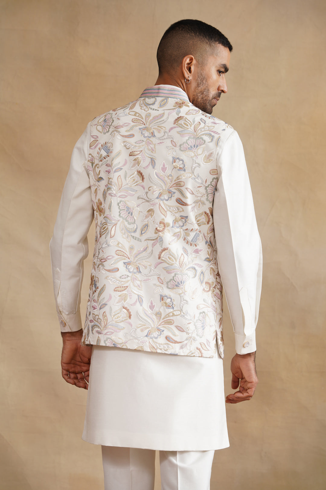 White Thread Embroidered Waist Coat Kurta Set on silk