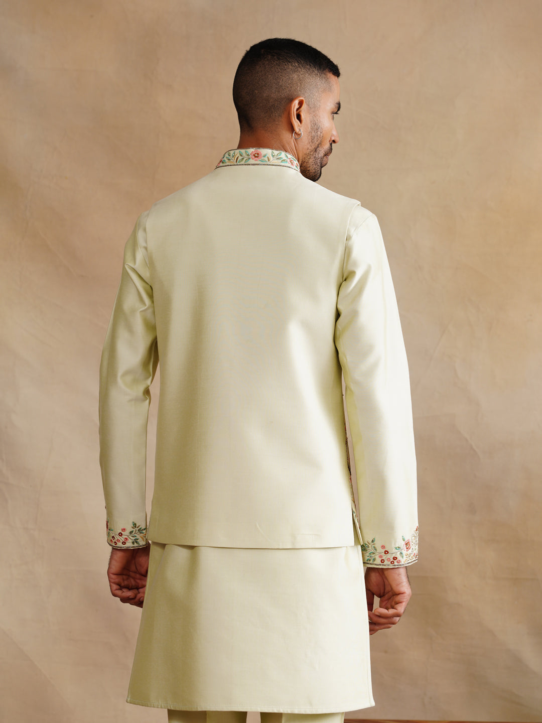 Off White Zardozi and Thread Embroidered Waist Coat Kurta Set on Silk