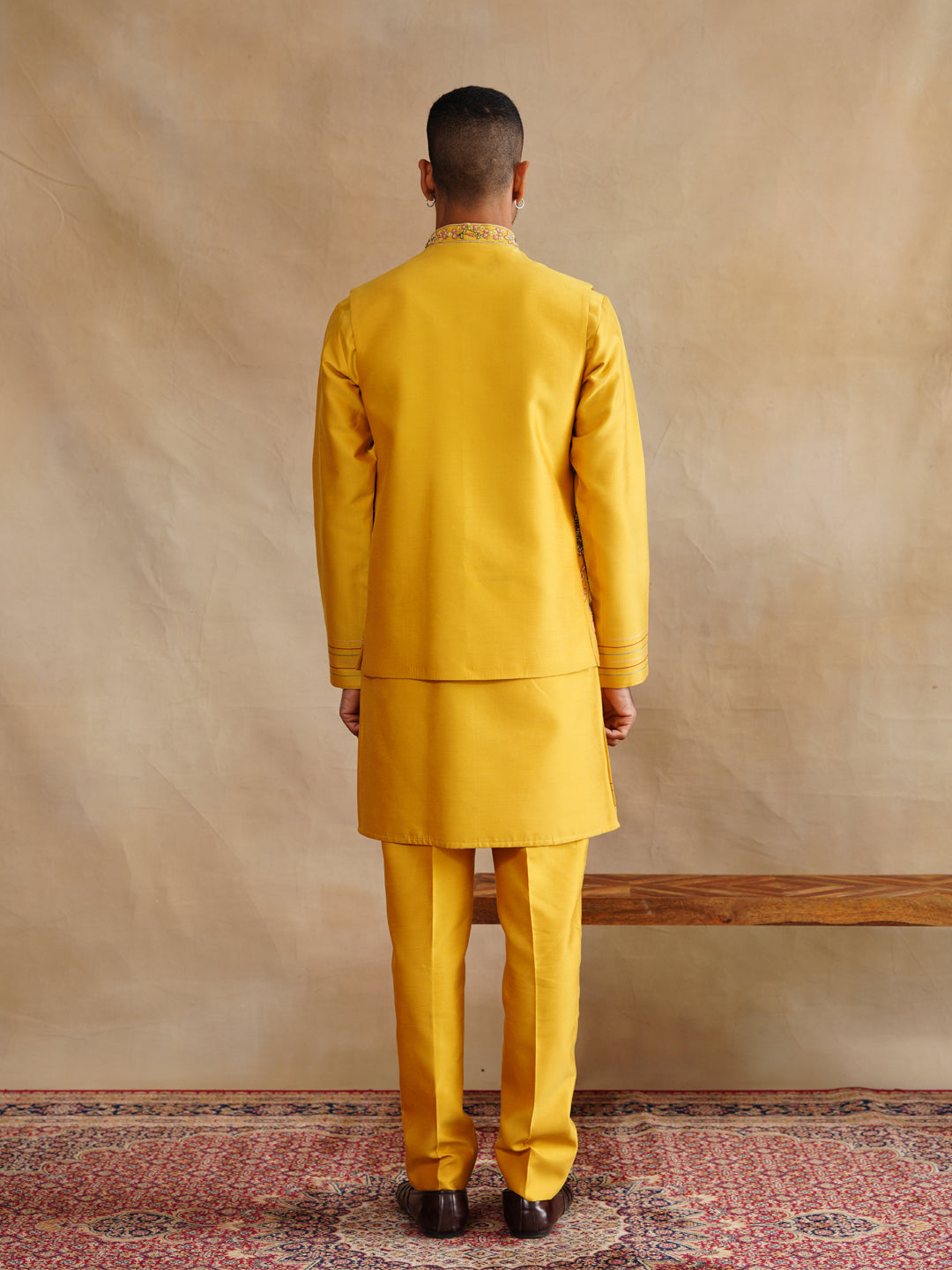 Mustard Zardozi and Thread Embroidered Waist Coat Kurta Set on Silk