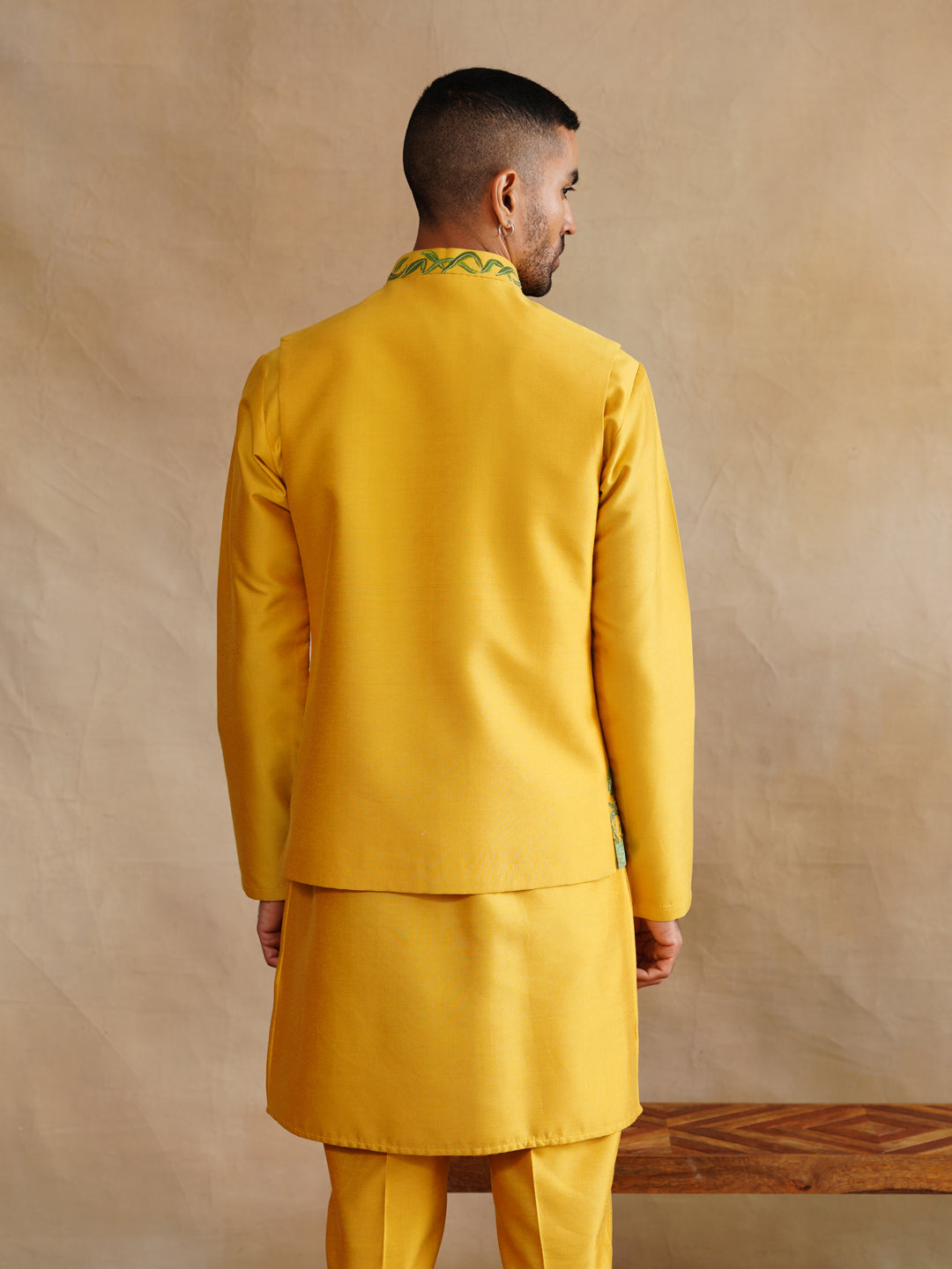 Mustard Hand Painted with Cut Dana and Sequins Waist Coat Kurta Set on silk