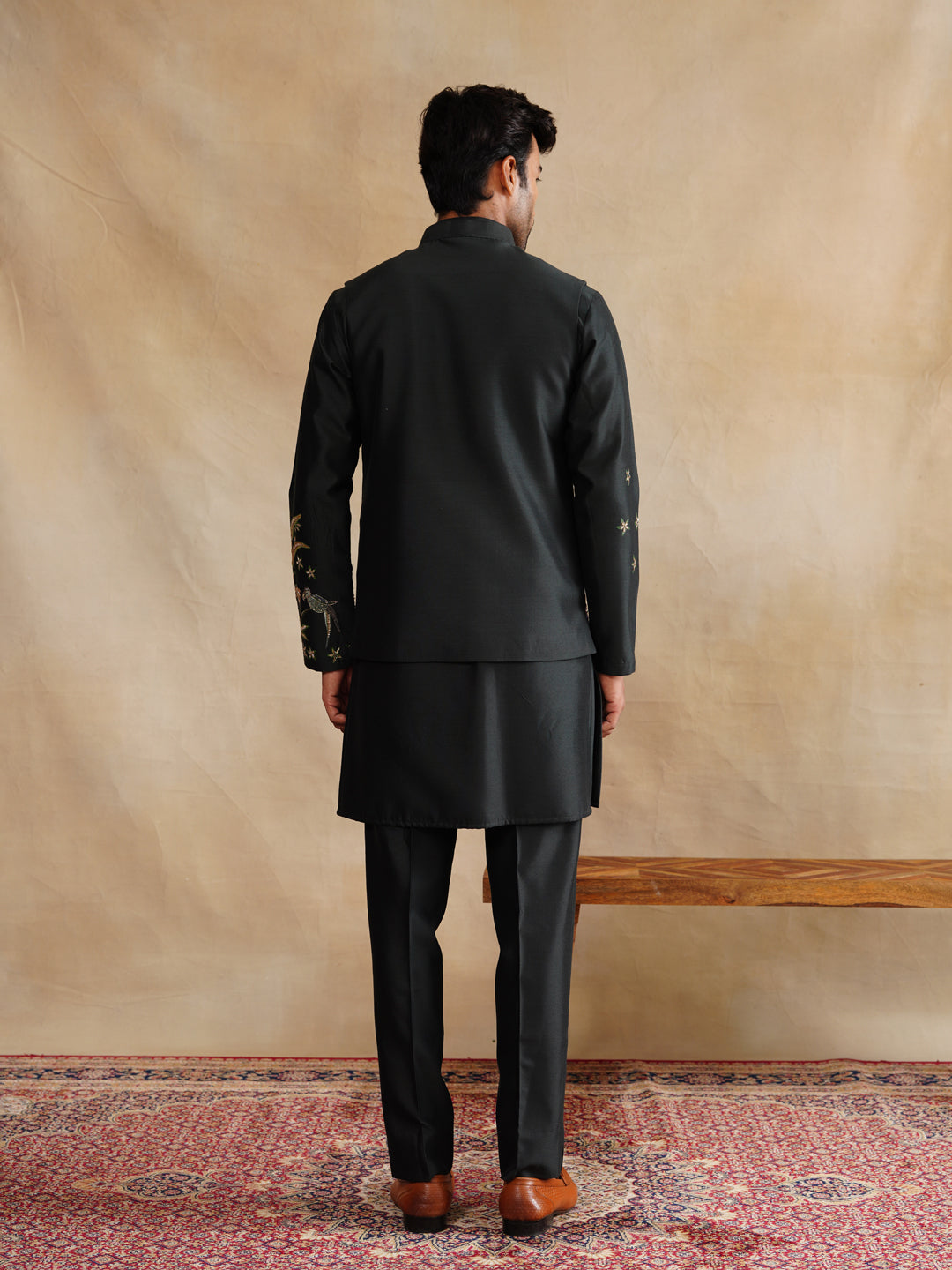 Mahendi Hand Painted with Cut Dana and Sequins Waist Coat Kurta Set on silk