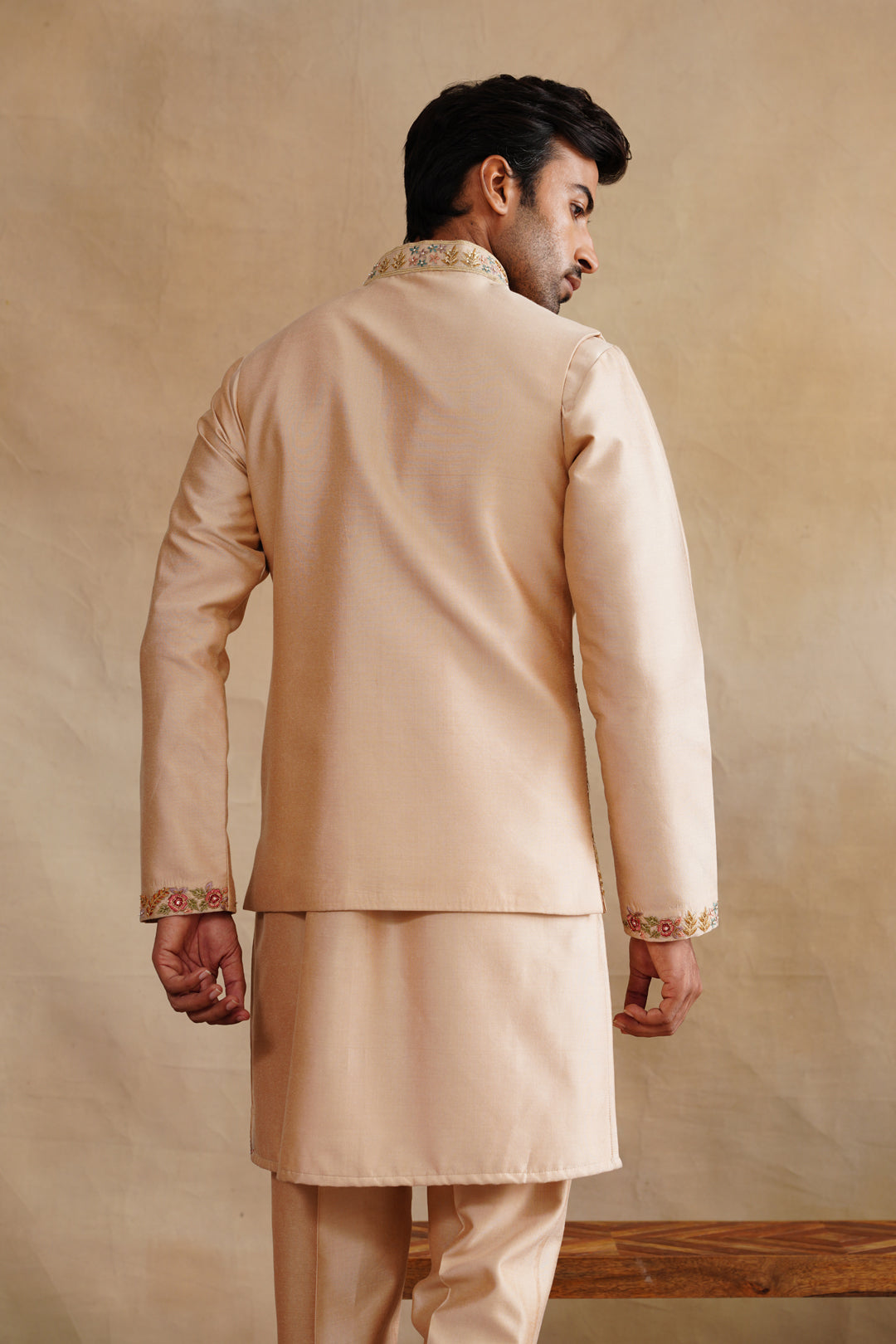 Beige Zardozi and Thread Embroidered Waist Coat Kurta Set on Silk