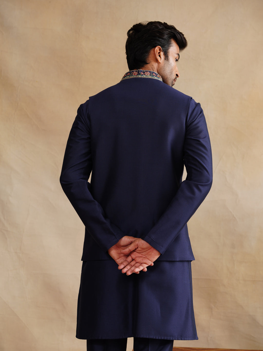 Blue Thread Embroidered and Sequins Work Waist Coat Kurta Set on silk