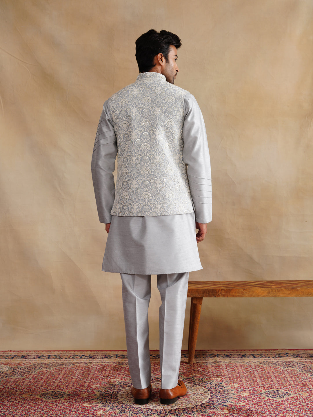 Grey Thread Embroidered Waist Coat Kurta Set on silk