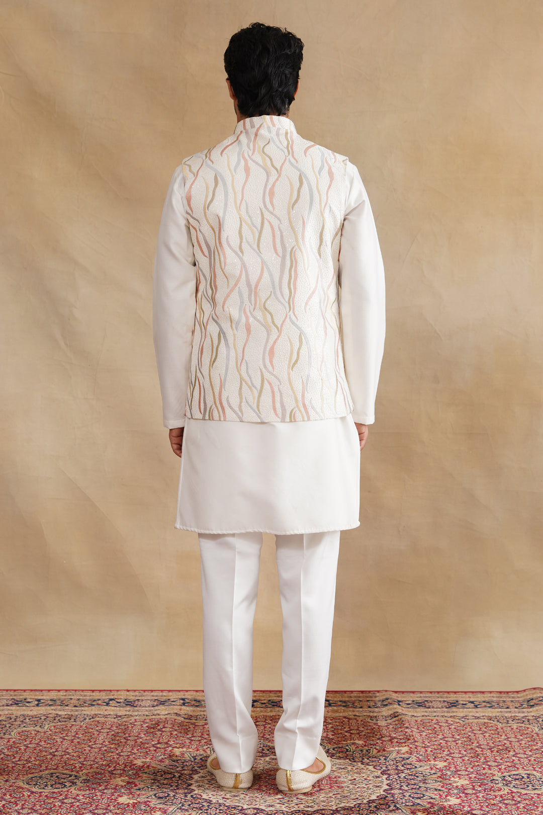 White Thread Embroidered Waist Coat Kurta Set on silk