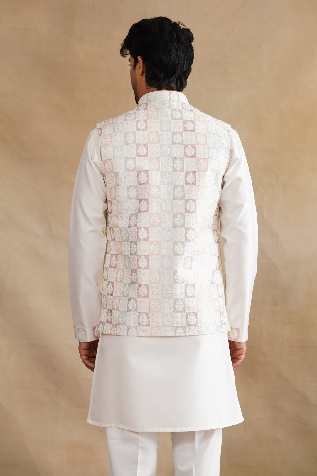 White Thread Embroidered Waist Coat Kurta Set on silk