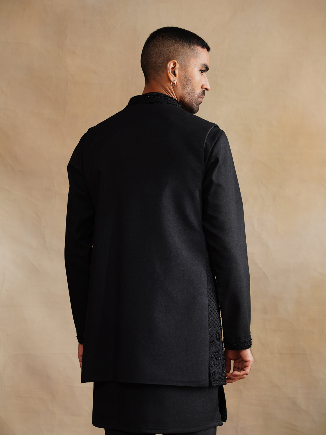 Black thread and Pearl Work Waist Coat Kurta Set on Silk