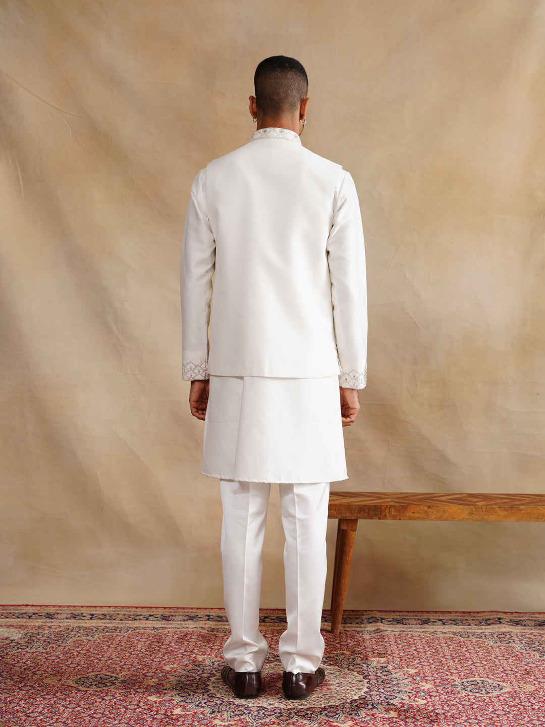 White Zardozi and Thread Embroidered Waist Coat Kurta Set on Silk